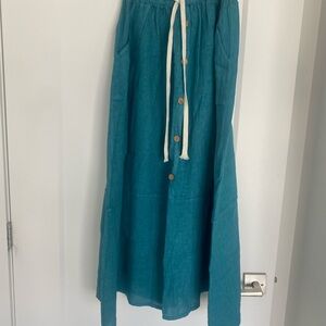 Linen Teal Button-Front Maxi Skirt